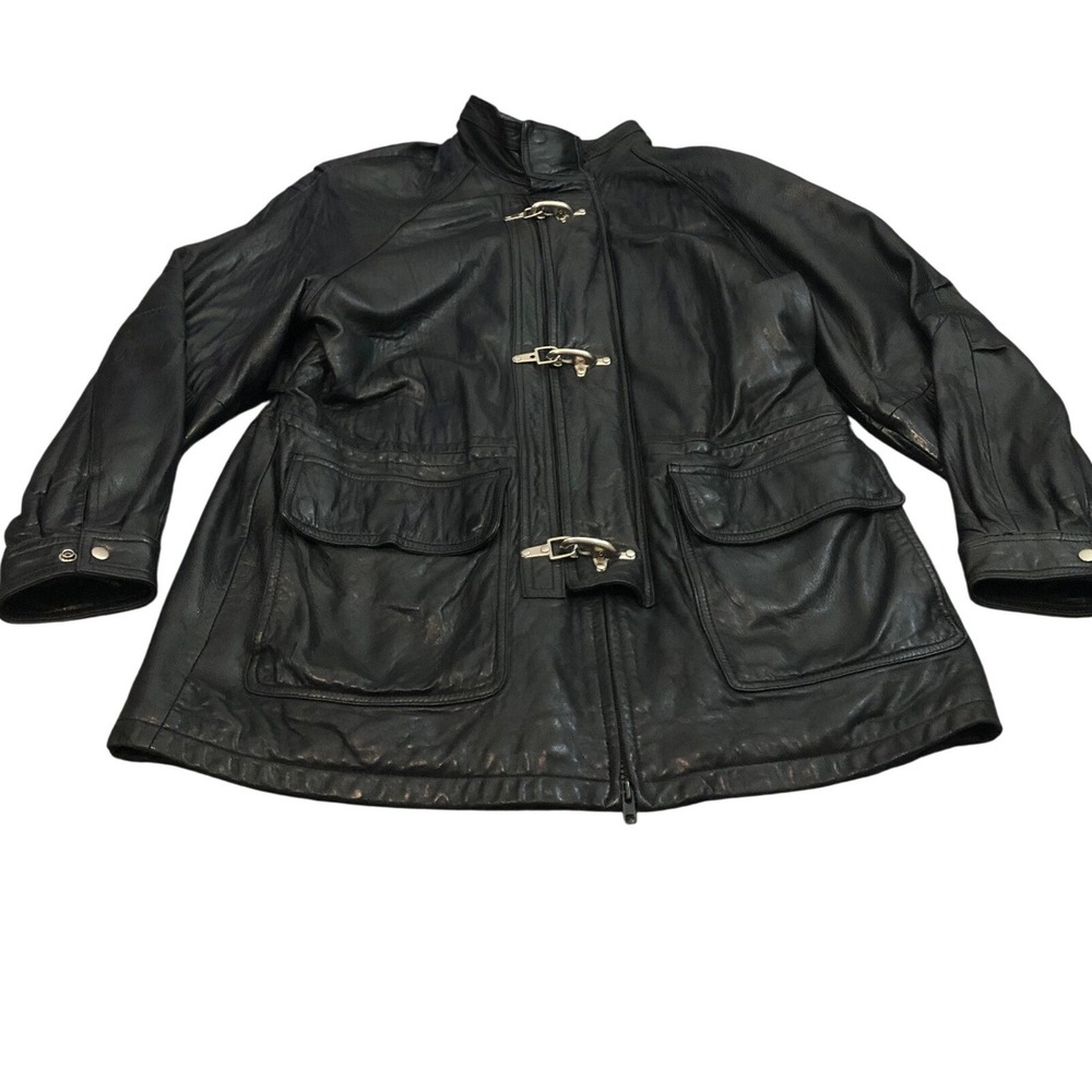 Tannery West Vtg Genuine Black Leather Fireman Lobster Clasp Jacket Coat XL